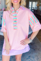 Pink Rainbow Stripe Half Sleeve Buttoned T Shirt Dress