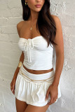 White Ruched Bust Bandeau Top with Skirt Two Pieces Dress