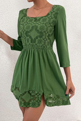 Green Square Neck Lace Flower MIni Dress 