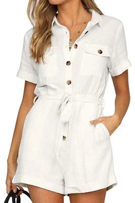 Plain Buttoned Pockets Romper With Sash