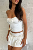 White Ruched Bust Bandeau Top with Skirt Two Pieces Dress