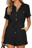 Plain Buttoned Pockets Romper With Sash
