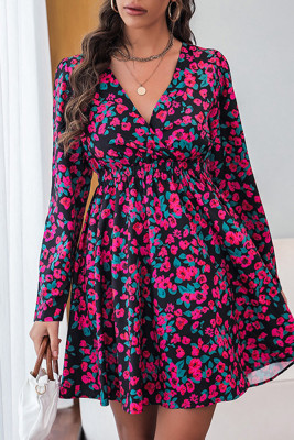 V Neck High Waist Babydoll Floral Dress