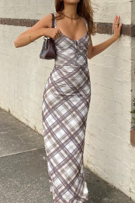Multicolor Checked Print V Neck Slip Maxi Dress