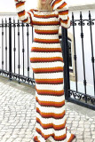 Orange Stripe Knit Backless Maxi Dress