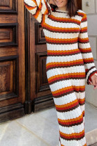 Orange Stripe Knit Backless Maxi Dress