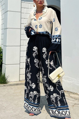 Printed High Waist Wide Leg Pants and Top Set 