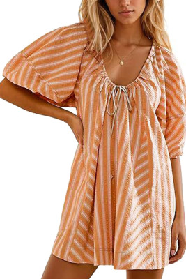 Striped U Neck Front Tie Loose Romper