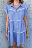 Sky Blue Lace Trim Accent Ruffled Tiered Dress