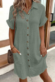 Button Up Fold Sleeves Pockets Dress 