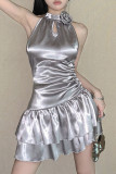 Shiny Grey Keyhole High Collar Sleeveless Ruffles Dress