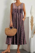 V Neck Printed Pockets Tank Maxi Dress