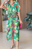 Green Floral Printed Tie Waist Dress 