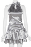 Shiny Grey Keyhole High Collar Sleeveless Ruffles Dress