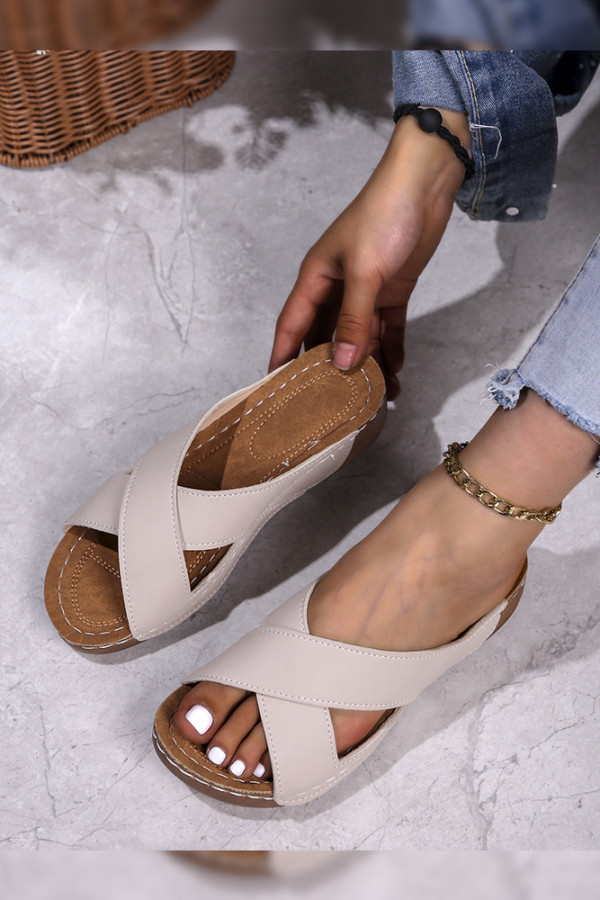 Plain Crossed Straps PU Flat Slippers