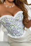 Blue Floral Back Ribbon Cross Ruffles Bustier