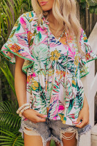 White Tropical Floral Print Ruffled Short Sleeve Blouse