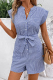 Striped V Neck Buttoned Romper With Sash