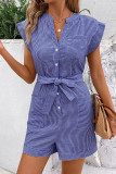 Striped V Neck Buttoned Romper With Sash