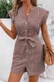 Striped V Neck Buttoned Romper With Sash