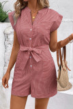 Striped V Neck Buttoned Romper With Sash