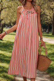 Pink Striped Front Tie Neckline Slip Maxi Dress
