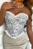 Blue Floral Back Ribbon Cross Ruffles Bustier