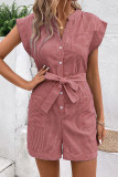 Striped V Neck Buttoned Romper With Sash