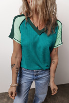 Green Exposed Seam Color Block Knitted V Neck T-shirt
