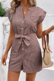 Striped V Neck Buttoned Romper With Sash