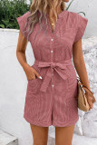 Striped V Neck Buttoned Romper With Sash