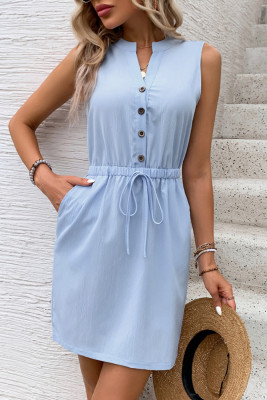 Blue Buttoned V Neck Drawstring Waist Sleeveless Romper