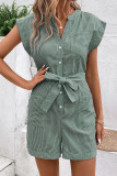 Striped V Neck Buttoned Romper With Sash