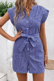 Striped V Neck Buttoned Romper With Sash