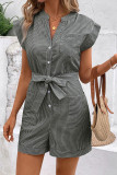 Striped V Neck Buttoned Romper With Sash