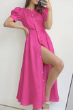 Button Up Split Long Plain Dress 