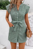 Striped V Neck Buttoned Romper With Sash