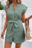 Striped V Neck Buttoned Romper With Sash