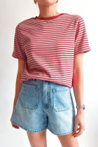 Pink Stripe Crew Neck Casual T Shirt