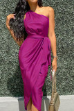 One Shoulder Tie Waist Split Satin Dress 