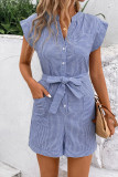 Striped V Neck Buttoned Romper With Sash