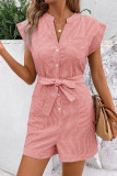 Striped V Neck Buttoned Romper With Sash