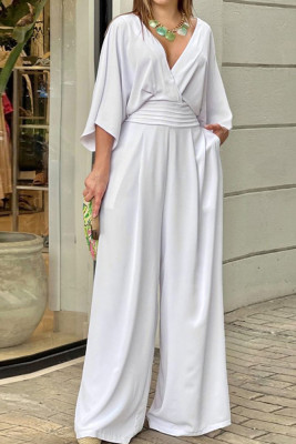 V Neck Half Sleeves Wide Leg Jumpsuit 