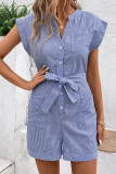 Striped V Neck Buttoned Romper With Sash