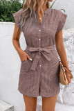 Striped V Neck Buttoned Romper With Sash