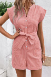 Striped V Neck Buttoned Romper With Sash