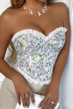 Blue Floral Back Ribbon Cross Ruffles Bustier