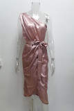 One Shoulder Tie Waist Split Satin Dress 