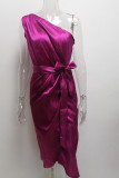 One Shoulder Tie Waist Split Satin Dress 