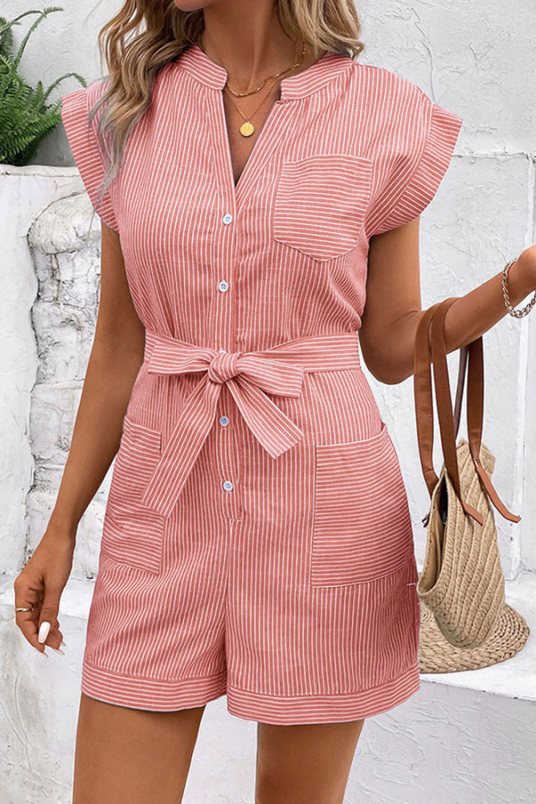 Striped V Neck Buttoned Romper With Sash